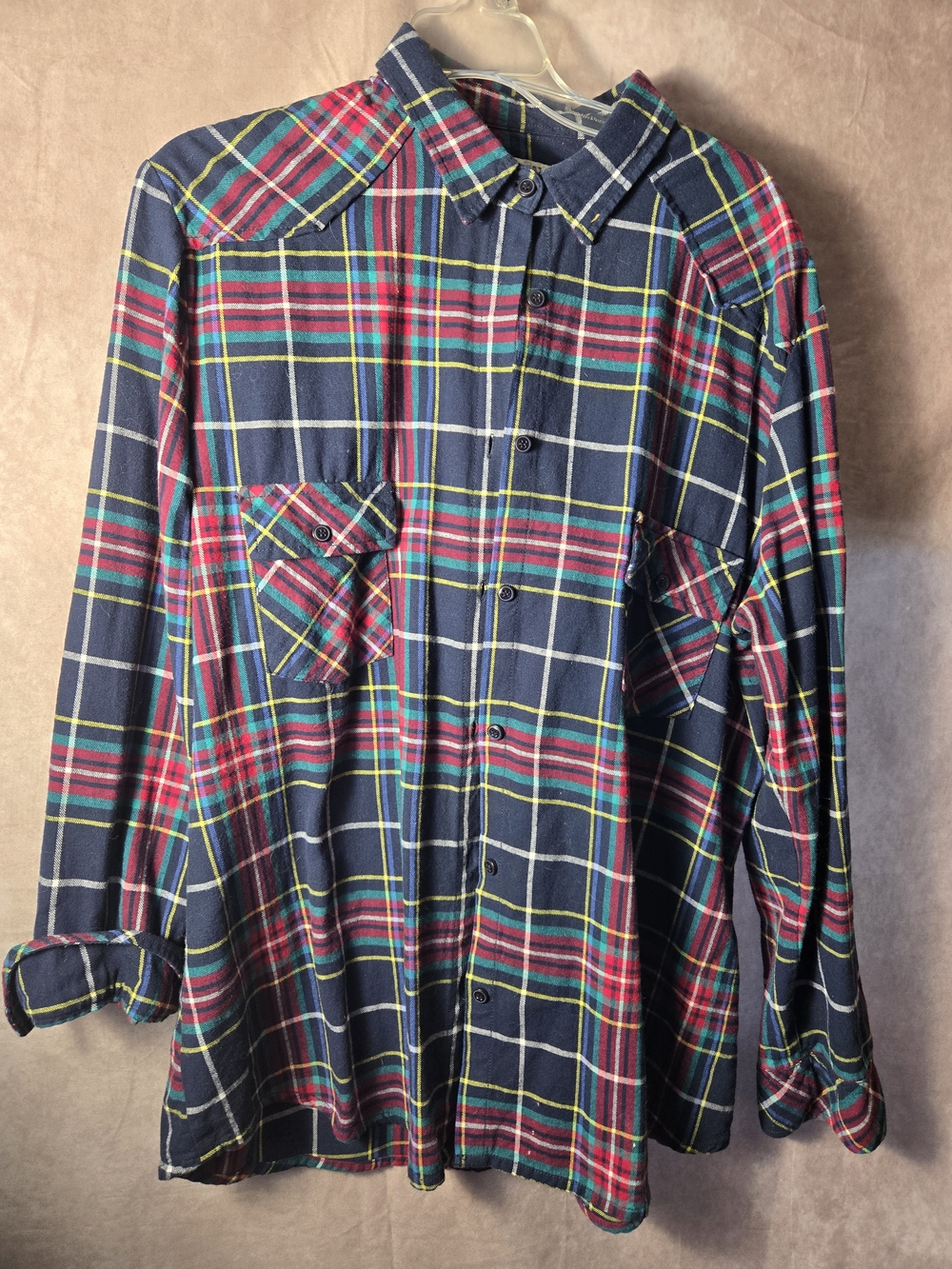 Womens Navy Plaid Button-up Shirt with Red & Yellow Stripes